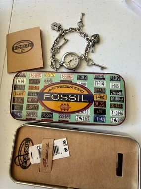 Fossil Silver Charm Bracelet Watch with Key and Heart Charms